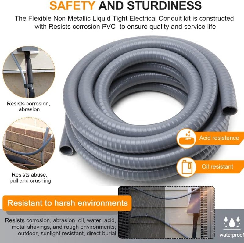 DWALE Liquid-Tight Conduit and Connector Kit,Flexible Non Metallic Liquid Tight Electrical Conduit,1-1/4inch25ft Electrical Conduit Kit,with4 Straight and2 Angle Fittings Included,1-1.4 in. Dia - Image 5